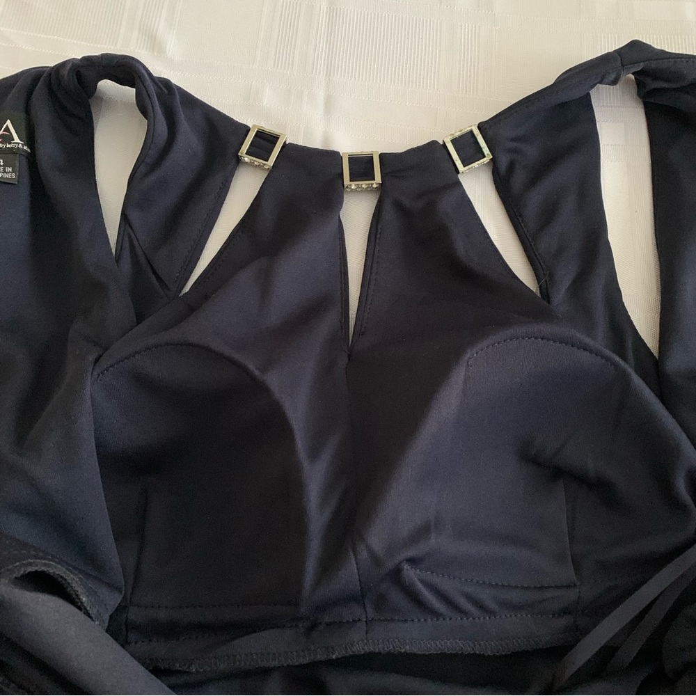 Betsy & Adam 💖 Rhinestone Accent Formal Ruched Navy Gown Womens 14 - Picture 13 of 16
